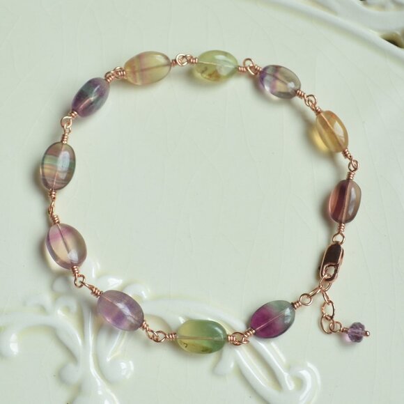 Fluorite Gemstone Bracelet in Rose Gold - Handmade - Picture 2 of 5
